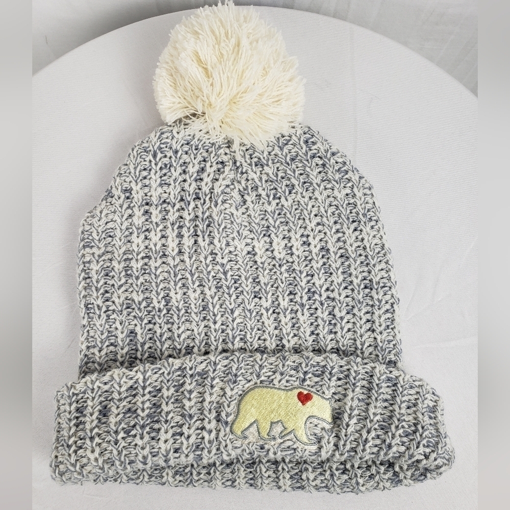 Hitwear Gray and Off White Polar Bear Fuzzy Ball Winter Hat